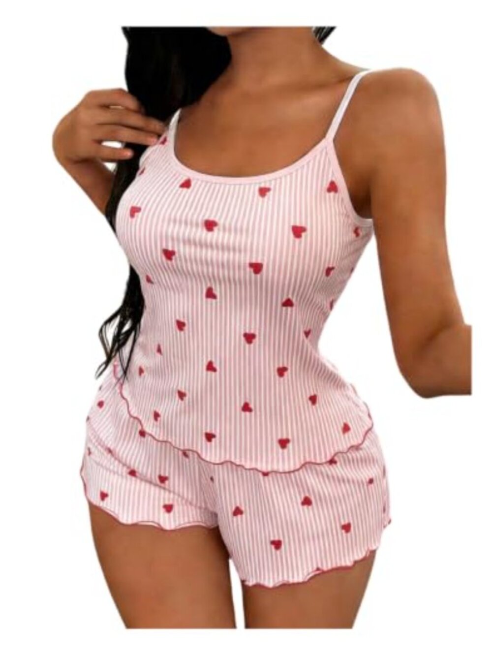 Heart Print Striped Sleeveless Cami Top and Shorts Pajama Set
